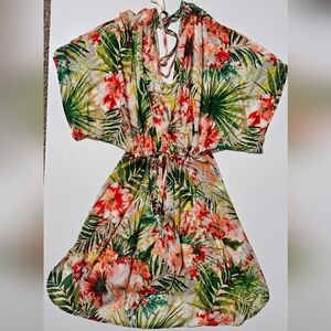 Lipsy Tropical Floral Tie-Waist Swim Coverup in Green, Coral, Cream